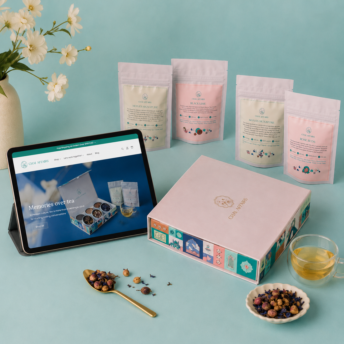 Custom Shopify ecommerce website for artisanal tea brand Chai Affairs displayed on a laptop, featuring handcrafted loose-leaf teas, Persian-inspired branding, and a premium online shopping experience.