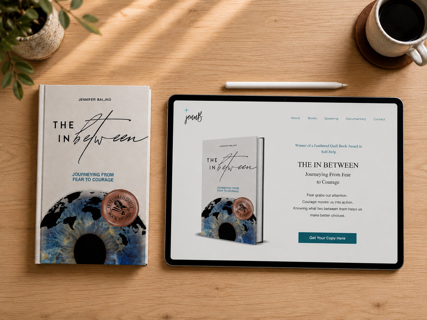 Custom website for author and journalist Jenn Baljko displayed on a laptop, featuring her books, articles, personal brand, and an engaging online reading experience.