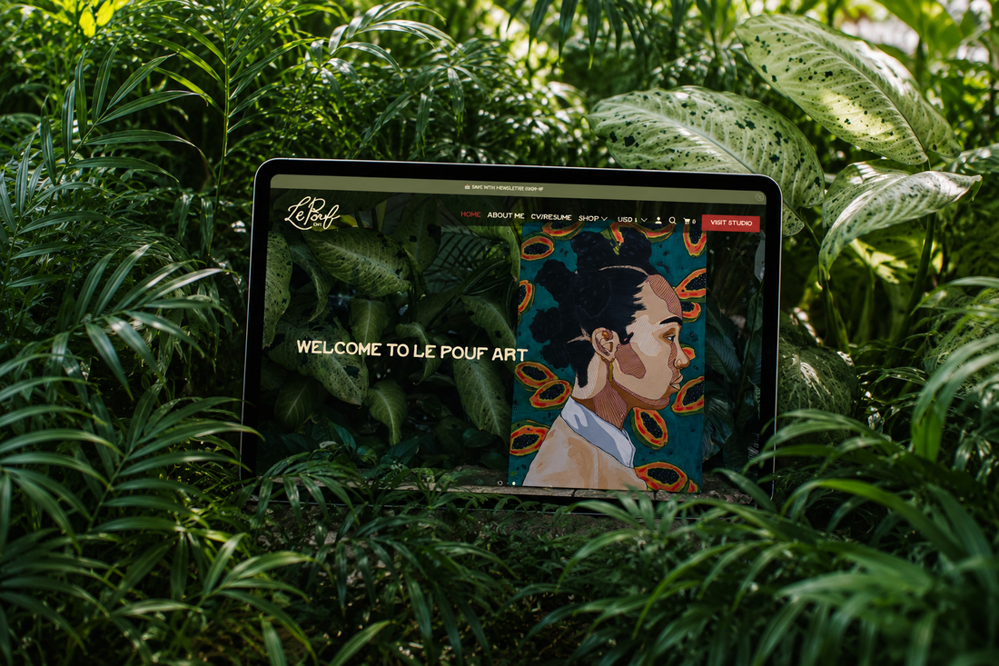 Custom Shopify website for portrait artist Tafy LaPlanche displayed on a laptop, featuring expressive portraits, vibrant artwork, and an online art gallery with ecommerce.