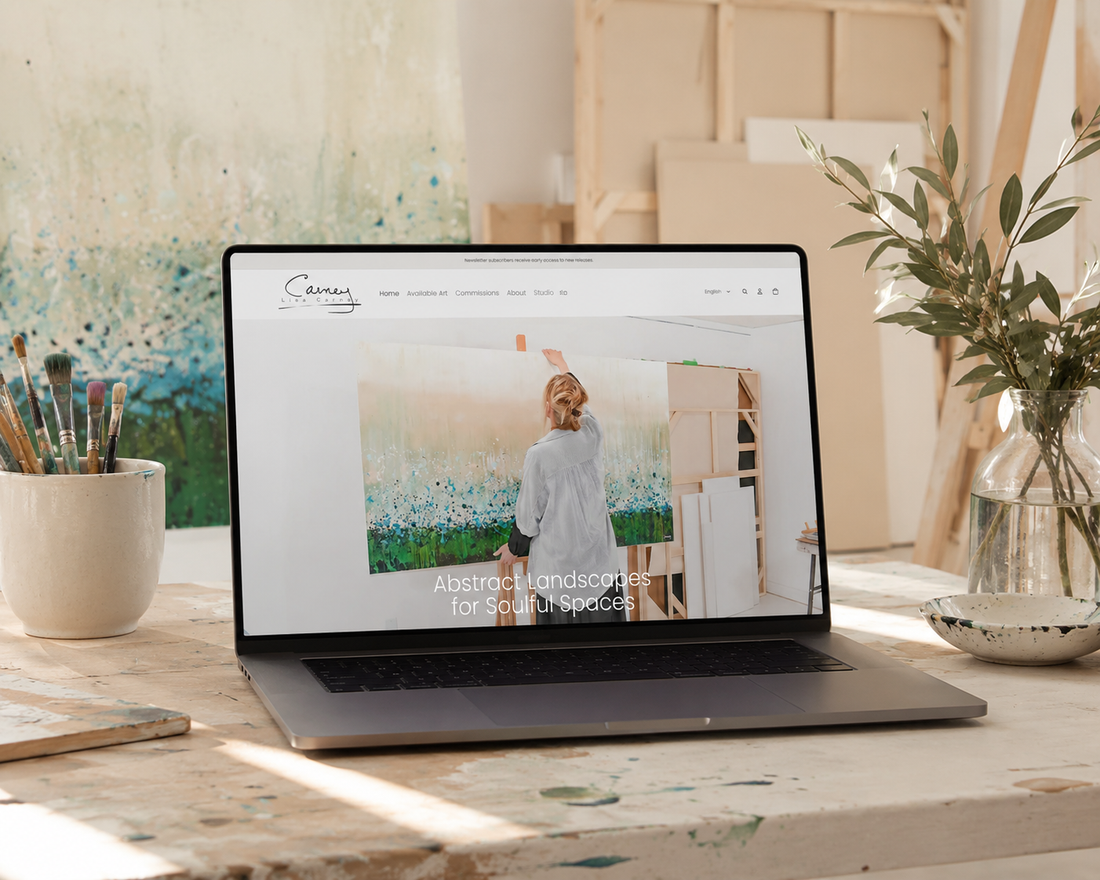 Custom website for abstract artist Lisa Carney displayed on a laptop, showcasing contemporary abstract paintings, a fine art portfolio, and an online art store.