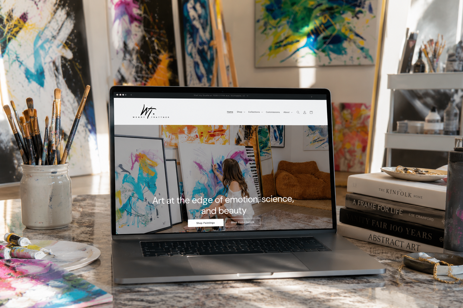 Custom Shopify website for abstract artist Wendy Trattner displayed on a laptop, featuring contemporary abstract paintings, a fine art portfolio, and an elegant online art store.