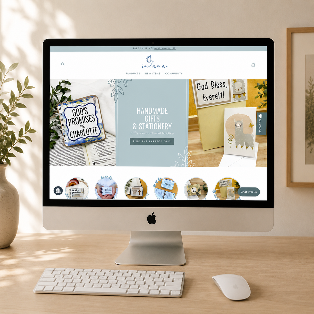 Custom Shopify website for Christian gift shop inAWE Handmade displayed on an iMac, featuring handcrafted faith-based gifts, Scripture-inspired products, and a warm ecommerce shopping experience.