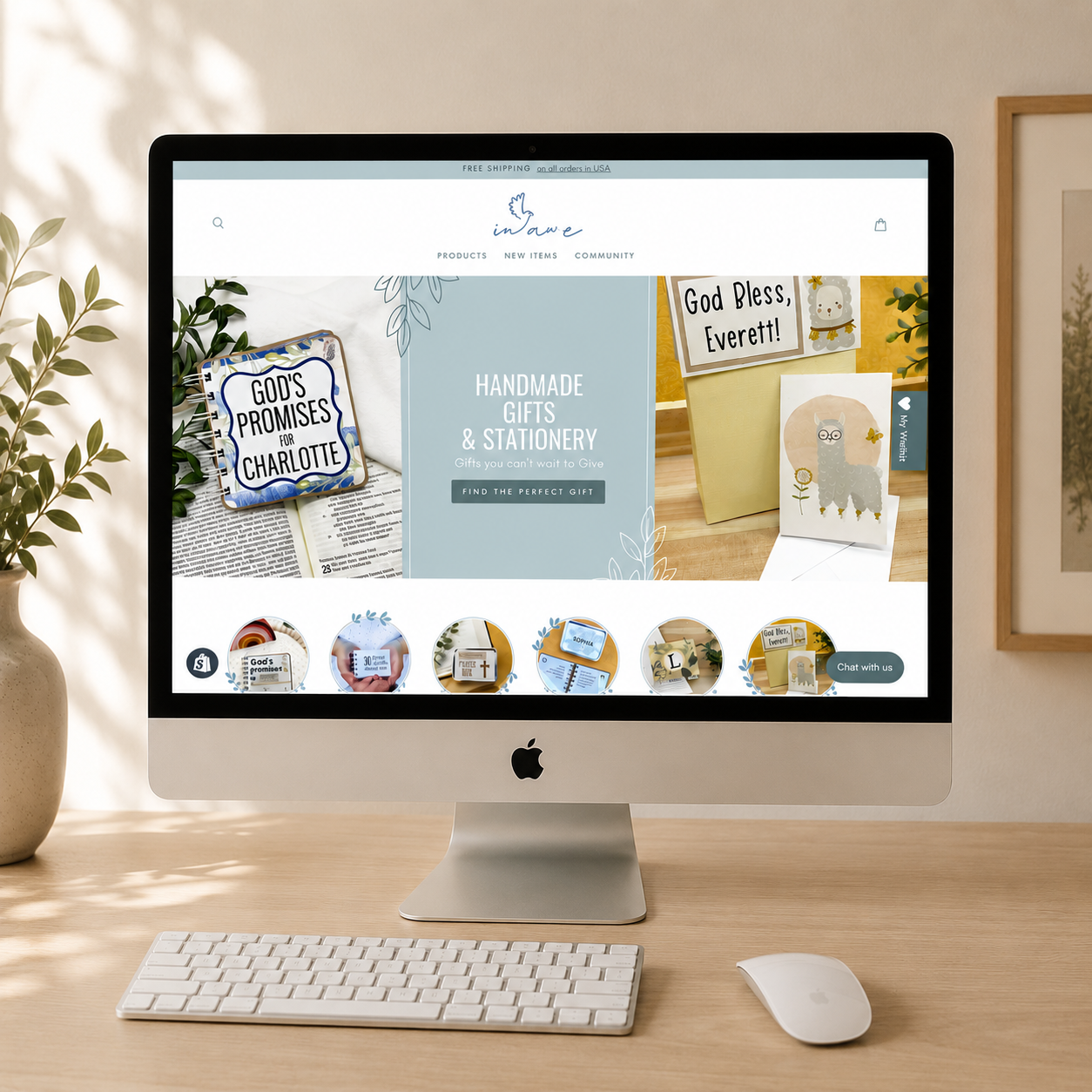 Custom Shopify website for Christian gift shop inAWE Handmade displayed on an iMac, featuring handcrafted faith-based gifts, Scripture-inspired products, and a warm ecommerce shopping experience.